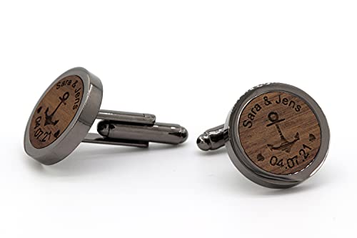 NaturSchatulle Manschettenknöpfe Herren Holz Gravur Individuell 1 Paar Schwarz Manschettenknopf Rund Hochzeit Anzug Männer Cufflinks for Men von NaturSchatulle