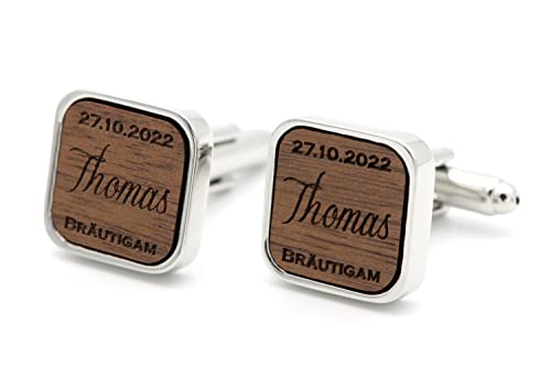NaturSchatulle Manschettenknöpfe Herren Holz Gravur Individuell 1 Paar Silber Manschettenknopf Eckig Hochzeit Anzug Männer Cufflinks for Men von NaturSchatulle
