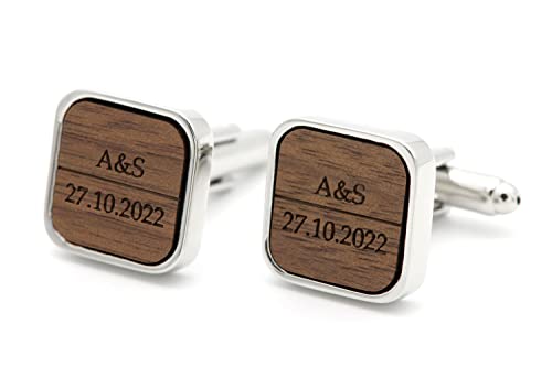 NaturSchatulle Manschettenknöpfe Herren Holz Gravur Individuell 1 Paar Silber Manschettenknopf Eckig Hochzeit Anzug Männer Cufflinks for Men von NaturSchatulle