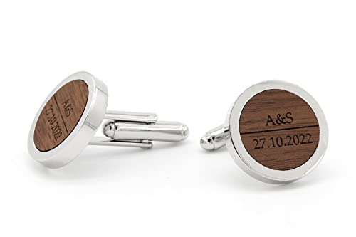 NaturSchatulle Manschettenknöpfe Herren Holz Gravur Individuell 1 Paar Silber Manschettenknopf Rund Hochzeit Anzug Männer Cufflinks for Men Initialen von NaturSchatulle