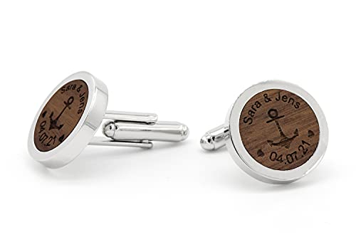 NaturSchatulle Manschettenknöpfe Herren Holz Gravur Individuell 1 Paar Silber Manschettenknopf Rund Hochzeit Anzug Männer Cufflinks for Men von NaturSchatulle