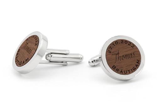 NaturSchatulle Manschettenknöpfe Herren Holz Gravur Individuell Bräutigam 1 Paar Silber Manschettenknopf Rund Hochzeit Anzug Männer Cufflinks for Men von NaturSchatulle