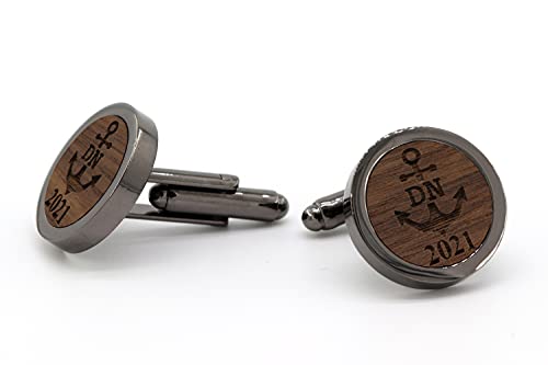 NaturSchatulle Manschettenknöpfe Herren Holz Gravur Individuell Initialen Jahr 1 Paar Schwarz Manschettenknopf Rund Hochzeit Anzug Männer Cufflinks Men von NaturSchatulle