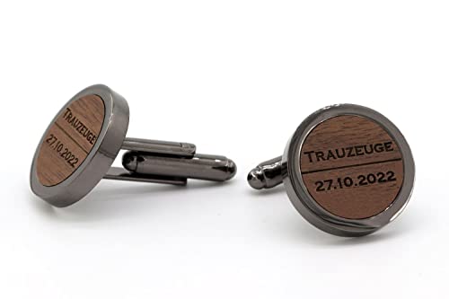 NaturSchatulle Manschettenknöpfe Herren Holz Gravur Individuell Trauzeuge 1 Paar Schwarz Manschettenknopf Rund Hochzeit Anzug Männer Cufflinks for Men Datum von NaturSchatulle