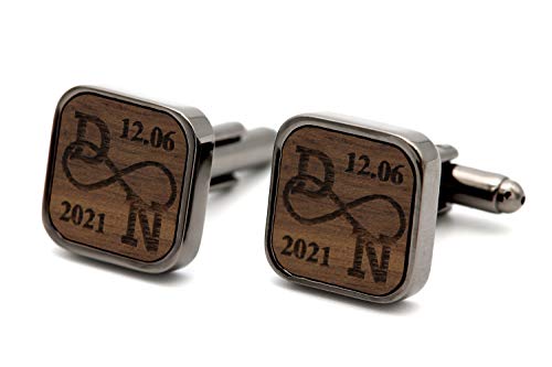 NaturSchatulle Manschettenknöpfe Herren Holz Gravur Individuell Unendlichkeit 1 Paar Schwarz Manschettenknopf Eckig Hochzeit Anzug Männer Cufflinks Men von NaturSchatulle