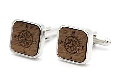 NaturSchatulle Manschettenknöpfe Herren Holz Gravur Kompass 1 Paar Silber Manschettenknopf Eckig Hochzeit Anzug Männer Cufflinks for Men von NaturSchatulle