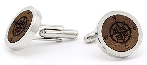 NaturSchatulle Manschettenknöpfe Herren Holz Gravur Kompass 1 Paar Silber Manschettenknopf Rund Hochzeit Anzug Männer Cufflinks for Men von NaturSchatulle