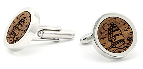 NaturSchatulle Manschettenknöpfe Herren Holz Gravur Schiff 1 Paar Silber Manschettenknopf Rund Hochzeit Anzug Männer Cufflinks for Men von NaturSchatulle