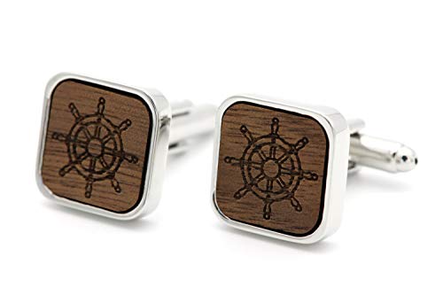 NaturSchatulle Manschettenknöpfe Herren Holz Gravur Steuerrad 1 Paar Silber Manschettenknopf Eckig Hochzeit Anzug Männer Cufflinks for Men von NaturSchatulle