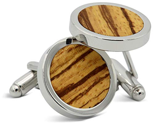 NaturSchatulle Manschettenknöpfe Herren Holz I 1 Paar Silber Manschettenknopf Rund Zebrano Hemd Hochzeit Anzug Männer Cufflinks for Men von NaturSchatulle