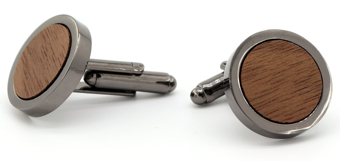 NaturSchatulle Manschettenknöpfe Holz Klassik Rund (schwarz / silber, aus Nussbaum Holz), Cufflinks zur Hochzeit, Anzug von NaturSchatulle