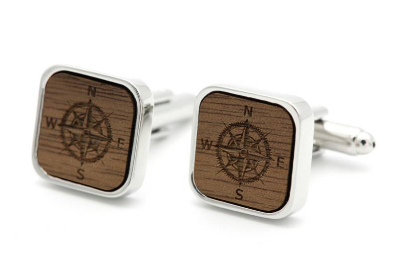 NaturSchatulle Manschettenknöpfe mit Gravur Holz Eckig (schwarz / silber, Trauzeuge, Anker, Kompass, uvm), Cufflinks zur Hochzeit, Anzug von NaturSchatulle