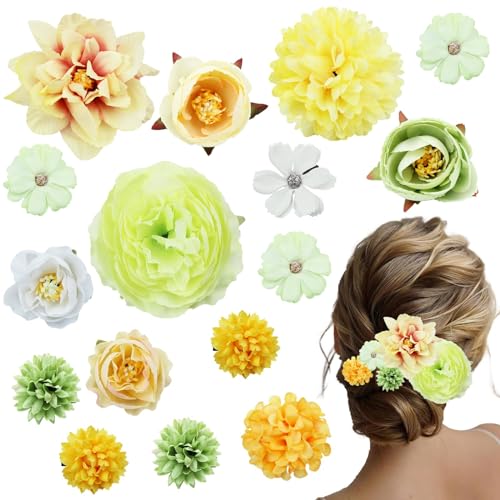 Naturahand 16 Stück Blumen-Haarspangen für Damen und Mädchen, hawaiianische Haarspangen, künstliche Blumen-Accessoires für Strand, Luau-Party und Boho-Kopfschmuck, Dekoration (grün, gelb) von Naturahand