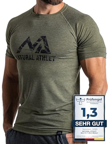 Herren Fitness T-Shirt meliert - Männer Kurzarm Shirt für Gym & Training - Passform Slim-Fit, lang mit Rundhals, Olive, S von Natural Athlet
