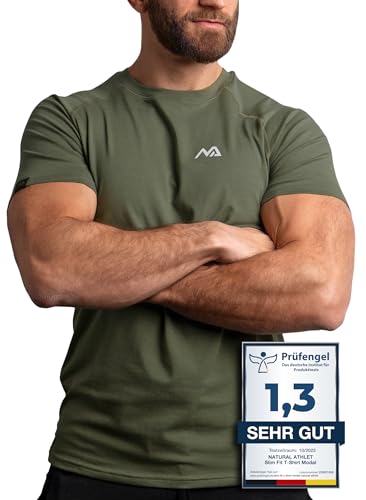 Natural Athlet Slim-Fit Fitness Tshirt für Herren – Enges & langes atmungsaktives Männer Kurzarm T-Shirt – für Sport, Gym, Fitnessstudio, Workout, Bodybuilding und Krafttraining – Olive von Natural Athlet