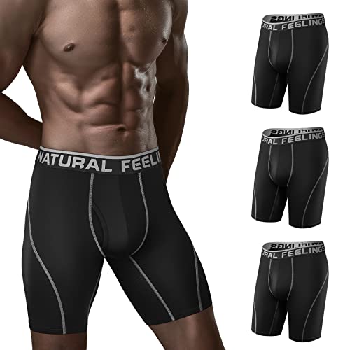 Natural Feelings Langes Bein Sport Boxershorts Herren 3er Pack Elastisch 9 Zoll Unterhosen Männer mit Eingriff Schwarz XL von Natural Feelings