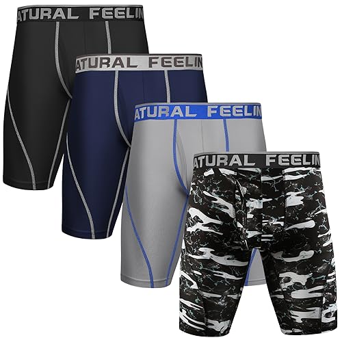 Natural Feelings Langes Bein Sport Boxershorts Herren 4er Pack Elastisch 9 Zoll Unterhosen Männer mit Eingriff Größe L von Natural Feelings