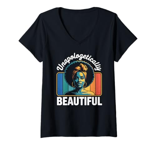 Damen Unbeschreiblich schöner Afro-Retro-Black Pride T-Shirt mit V-Ausschnitt von Natural Hair Black Queen Pride