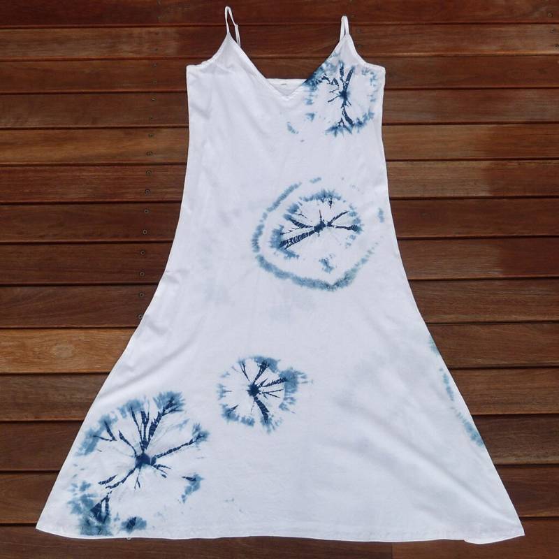 Natürliche Indigo Hand Gefärbt Shibori Tie Dye Lange Kleid Größe L Bio-Baumwolle von NaturalDyesStudio