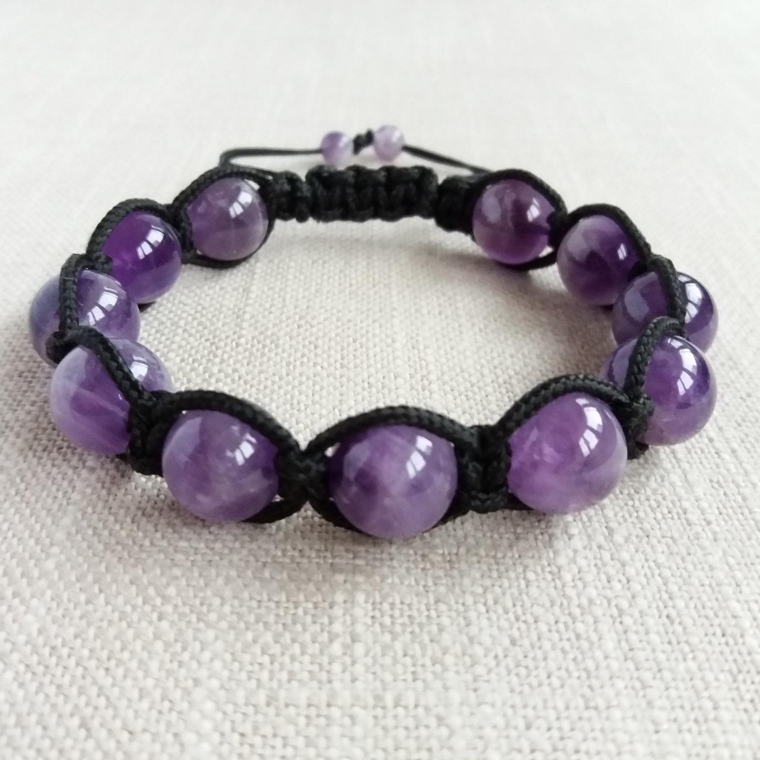 Amethyst Armband Männer Angst Für Frauen Geflochtenes Mit Perlen Schwarzes Kordelarmband von NaturalGemstonesArt
