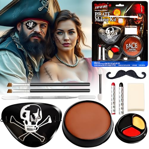 Halloween Pirat Make-Up Set für Erwachsene und Kinder - Schminke, Theaterschminke, SFX Make-Up, Augenklappe, Piratenbart, Dreifarbige Face Paint - Pirat Accessoires von Naturas Bouqutis