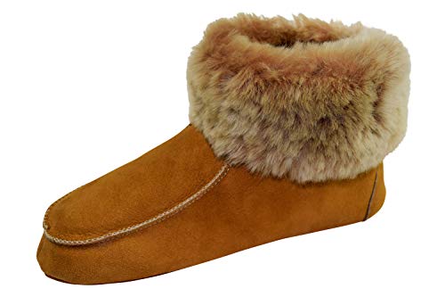 Naturasan Lammfell-Hüttenschuhe Damen Hausschuhe/Mokassin mit Ledersohle (41, Cognac/beige) von Naturasan