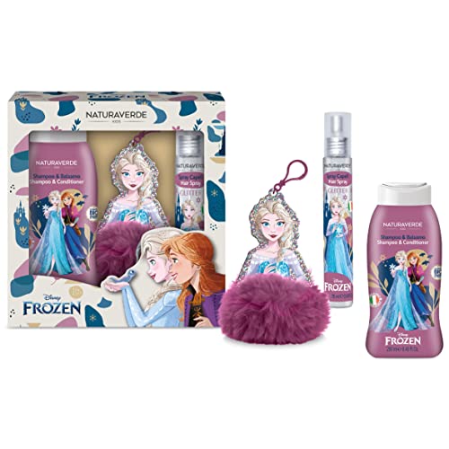 Naturaverde | Kids – Disney Frozen – Geschenkbox mit Pompons, Shampoo und Conditioner 250 ml und Glitzerspray für Haare, 75 ml, mit Schlüsselanhänger mit Bommel von Naturaverde