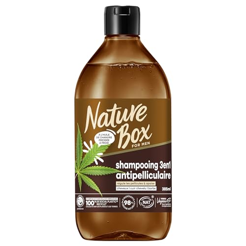 Nature Box MEN 3-in-1-Shampoo – Haare, Kopfleder, Bart – veganes Shampoo mit kaltgepresstem Hanföl – reguliert Schuppen & beruhigt – 98% natürliche Inhaltsstoffe – 385 ml von Nature Box
