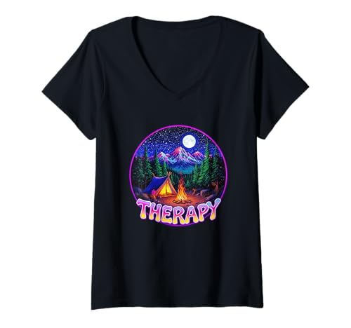 Damen Therapie Lagerfeuer unter Sternenhimmel Flucht T-Shirt mit V-Ausschnitt Damen Therapie Lagerfeuer unter Sternenhimmel Flucht T-Shirt mit V-Ausschnitt von Nature Camping Mountain Night Adventure