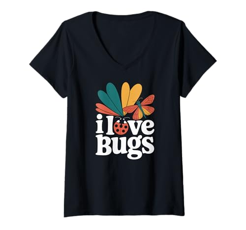 Damen I Love Bugs Buntes Insektenliebhaber-Design T-Shirt mit V-Ausschnitt Damen I Love Bugs Buntes Insektenliebhaber-Design T-Shirt mit V-Ausschnitt von Nature Enthusiast Bug Collector Fun