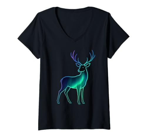 Damen Stilisierte Hirsch-Illustration mit Farbverlauf T-Shirt mit V-Ausschnitt Damen Stilisierte Hirsch-Illustration mit Farbverlauf T-Shirt mit V-Ausschnitt von Nature Flows