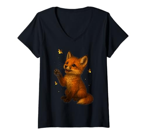 Damen Verspieltes Fuchs-Set und Glühwürmchen, warme Waldnacht, Kunstwerk T-Shirt mit V-Ausschnitt Damen Verspieltes Fuchs-Set und Glühwürmchen, warme Waldnacht, Kunstwerk T-Shirt mit V-Ausschnitt von Nature Flows