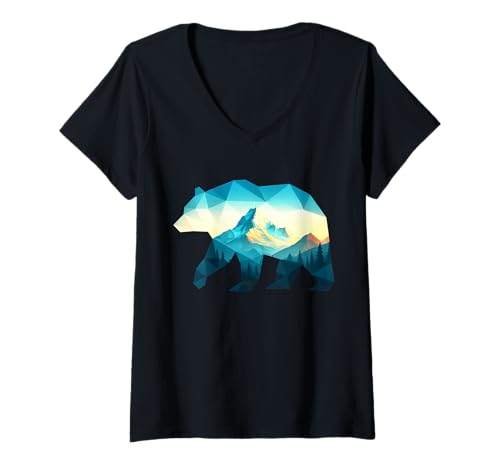 Damen Vintage Bergbär Naturszene Design T-Shirt mit V-Ausschnitt Damen Vintage Bergbär Naturszene Design T-Shirt mit V-Ausschnitt von Nature Fusion