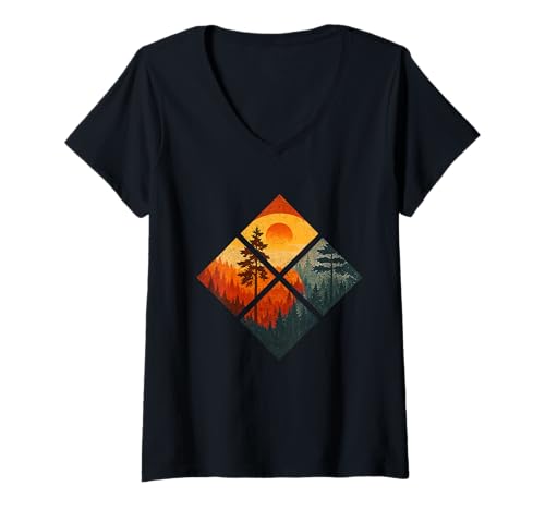 Damen Geometrische Natur Landschaft Sonnenuntergang Wald Kunst Design T-Shirt mit V-Ausschnitt von Nature Geometry Art Co.