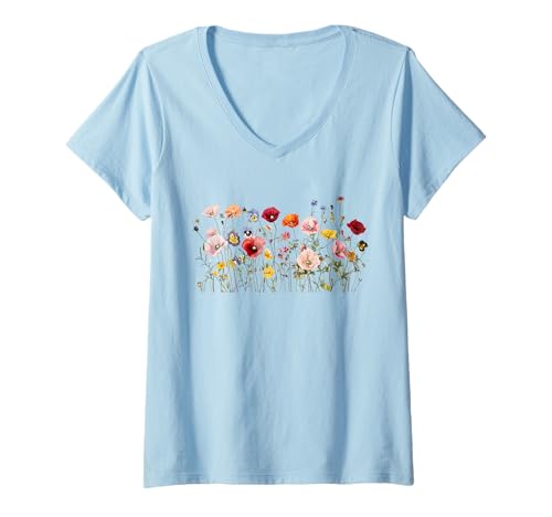Damen Wildblumenwiese - Botanische Aquarellblumen T-Shirt mit V-Ausschnitt Damen Wildblumenwiese - Botanische Aquarellblumen T-Shirt mit V-Ausschnitt von Nature Inspired Floral Aesthetic