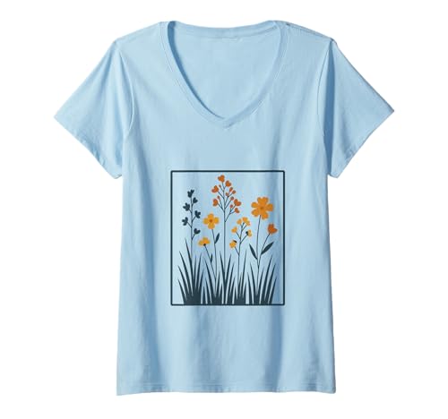 Damen Botanischer Wildblumengarten blüht Freude T-Shirt mit V-Ausschnitt von Nature Inspired Floral Patterns And Designs