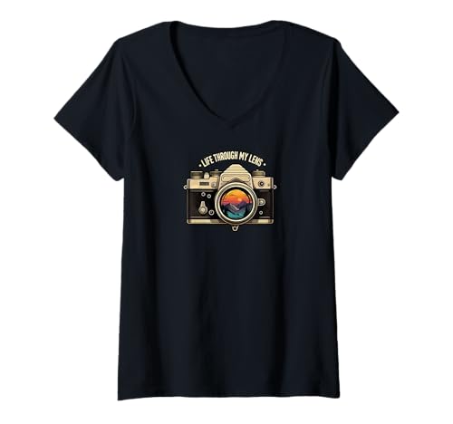 Damen Life Through My Lens Camera Photographer Nature Sunset Art T-Shirt mit V-Ausschnitt Damen Life Through My Lens Camera Photographer Nature Sunset Art T-Shirt mit V-Ausschnitt von Nature Lens Photography Apparel
