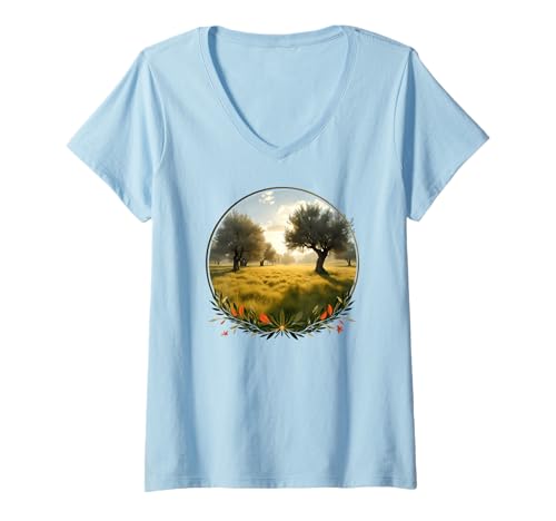 Damen Sonnenuntergang Bäume der Oliven Landschaft Vintage Natur T-Shirt mit V-Ausschnitt von Nature Meadow Art Apparel Home And More