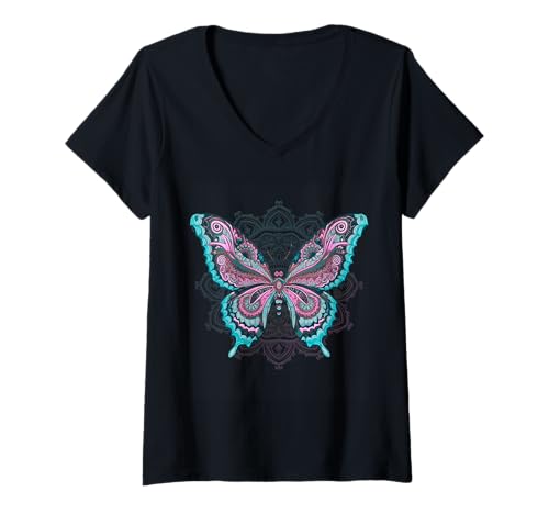 Damen Heilige Geometrie Natur Schmetterling Ästhetische Mandala Blume T-Shirt mit V-Ausschnitt Damen Heilige Geometrie Natur Schmetterling Ästhetische Mandala Blume T-Shirt mit V-Ausschnitt von Nature Mystical Butterflies Lover Co.