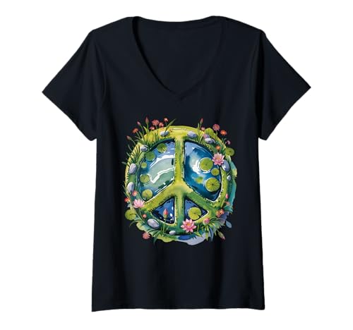 Damen Peace Pond Seerose Blume Ruhe Natur Symbol T-Shirt mit V-Ausschnitt von Nature Pond Peace Lily Zen Calm Floral Harmony