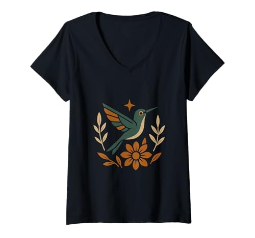 Damen Von Kolibri und Blumen inspirierte Grafik T-Shirt mit V-Ausschnitt Damen Von Kolibri und Blumen inspirierte Grafik T-Shirt mit V-Ausschnitt von Nature Rhythm Graphics