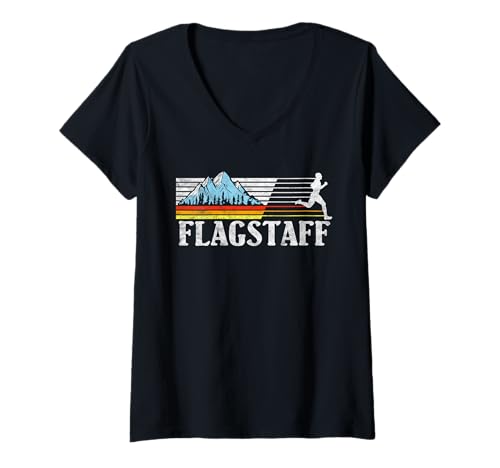 Damen Flagstaff Trail Running Retro Mountains 80s Graphic T-Shirt mit V-Ausschnitt von Nature Rush Trail Running Threads
