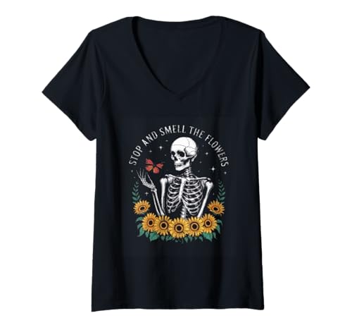Damen Stop and Smell The Flowers Skelett Humor T-Shirt mit V-Ausschnitt Damen Stop and Smell The Flowers Skelett Humor T-Shirt mit V-Ausschnitt von Nature Skeleton Floral Butterfly Design Fun