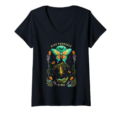 Damen Give Yourself Time Butterfly Raupe Bloom T-Shirt mit V-Ausschnitt von Nature Transformation Process Growth Message