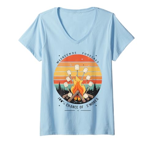 Damen Wochenendprognose: 100% Chance of S'mores T-Shirt mit V-Ausschnitt von Nature Wi-Fi Tees
