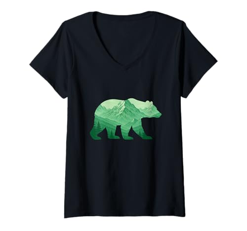 Damen Bär Berg Wald Silhouette Abenteuer T-Shirt mit V-Ausschnitt Damen Bär Berg Wald Silhouette Abenteuer T-Shirt mit V-Ausschnitt von Nature Wilderness Bear Mountain Forest Adventure