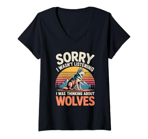 Damen Sorry I was n't listening I was thinking about Wolves Retro T-Shirt mit V-Ausschnitt von Nature Wolf Wildlife Animal vintage Wolf Hunting
