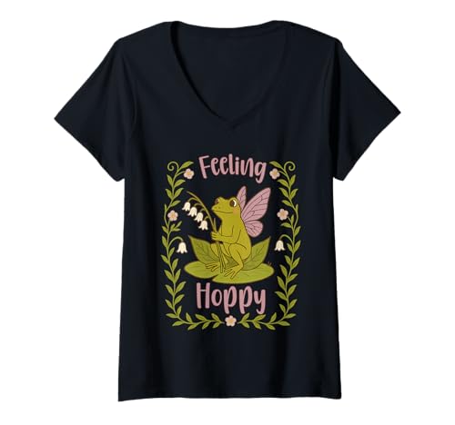 Damen Cottagecore Feeling Hoppy Fairy Frosch und Lilly Flower T-Shirt mit V-Ausschnitt Damen Cottagecore Feeling Hoppy Fairy Frosch und Lilly Flower T-Shirt mit V-Ausschnitt von Nature and Cottage Core Picnic Designs