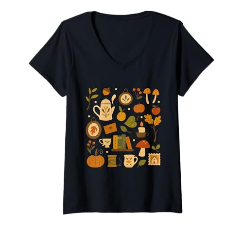 Damen Herbst Tea Books Nature and Cottage Core Picnic T-Shirt mit V-Ausschnitt Damen Herbst Tea Books Nature and Cottage Core Picnic T-Shirt mit V-Ausschnitt von Nature and Cottage Core Picnic Designs