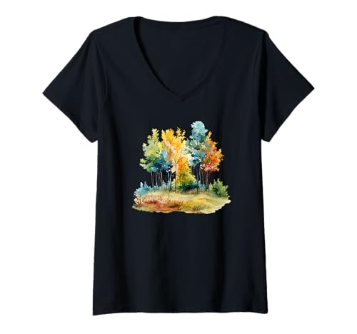 Damen Herbstwald Aquarell T-Shirt mit V-Ausschnitt Damen Herbstwald Aquarell T-Shirt mit V-Ausschnitt von Nature's Palette